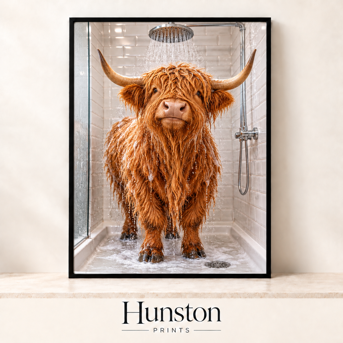 Wet highland cow with long ginger hair standing under a rainfall shower
