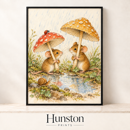 Two field mice holding red and yellow mushrooms as umbrellas in the rain