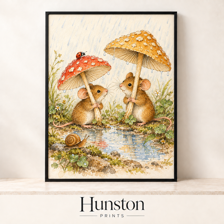 Mice Under Mushroom Umbrellas Print
