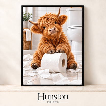 Baby highland cow holding a toilet roll with unrolled paper across a bathroom floor