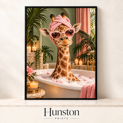 Giraffe in pink towel turban and sunglasses relaxing in a bubble bath with candles