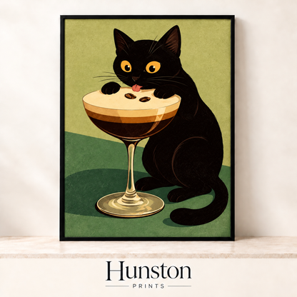 Black cat licking the foam of an espresso martini with coffee beans