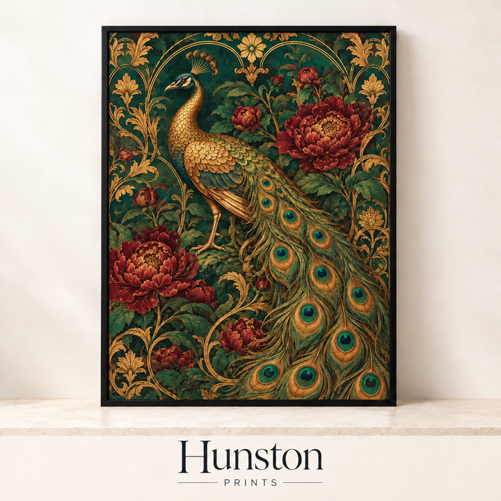 Golden Peacock and Peonies Print