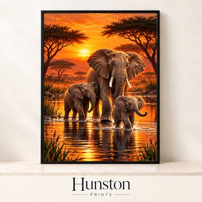 Mother elephant and two calves walking through water at an orange African sunset