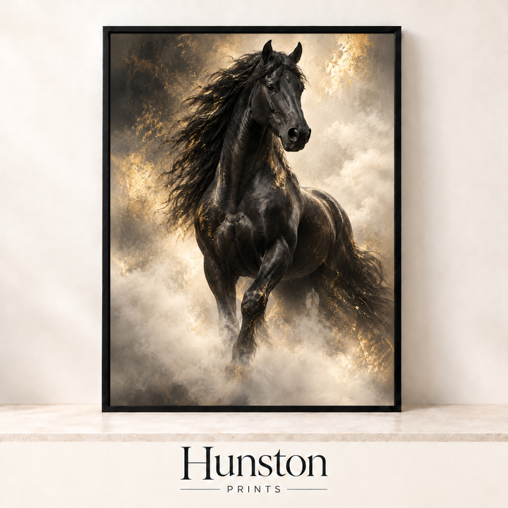 Black Horse in Gold Smoke Print