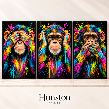 Set of three neon paint splash chimpanzee prints on black