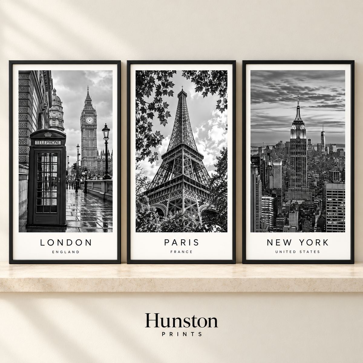 Set of three black and white city prints: London, Paris and New York