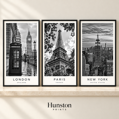 Set of three black and white city prints: London, Paris and New York