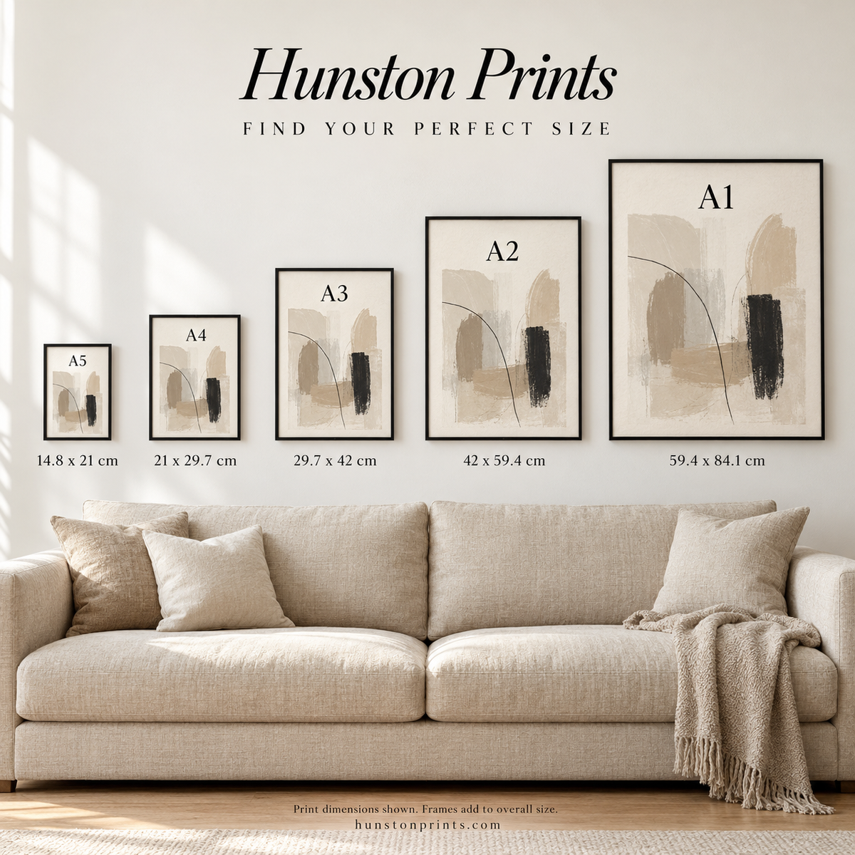 Hunston Prints size guide showing A5, A4, A3, A2 and A1 prints above a sofa