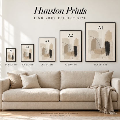 Hunston Prints size guide showing A5, A4, A3, A2 and A1 prints above a sofa