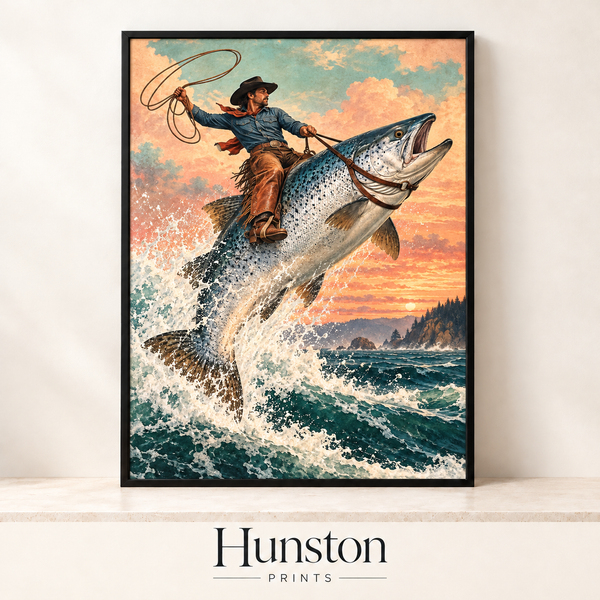 Cowboy Riding a Giant Salmon Print