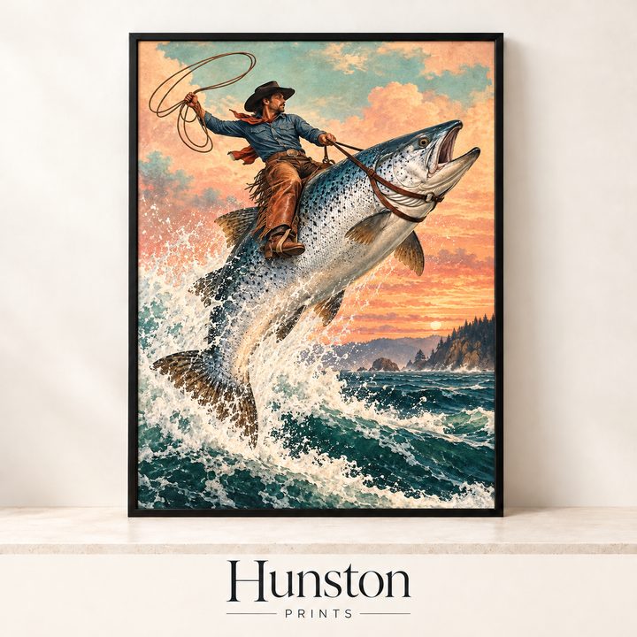Cowboy Riding a Giant Salmon Print