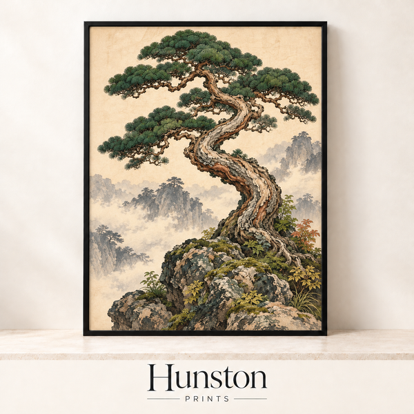 Ancient Bonsai Pine on a Misty Cliff Print