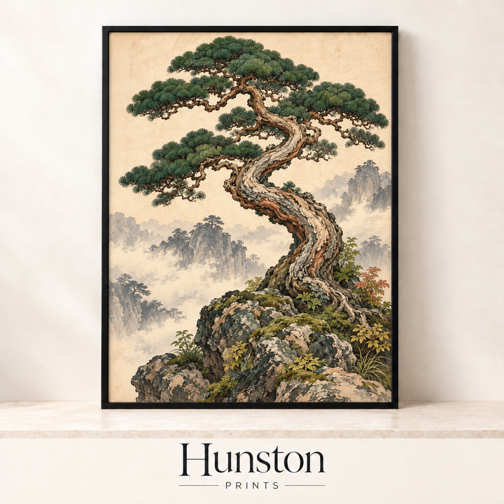 Ancient Bonsai Pine on a Misty Cliff Print