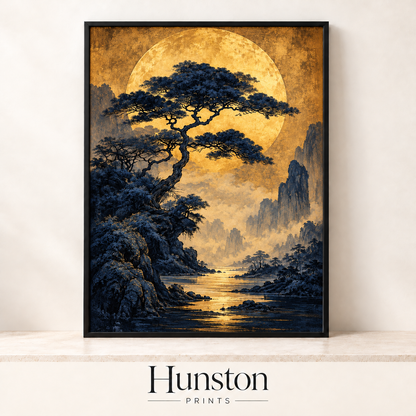 Indigo pine tree and misty mountains in front of a large golden moon