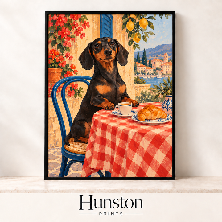 Dachshund with Coffee and Croissant Café Print