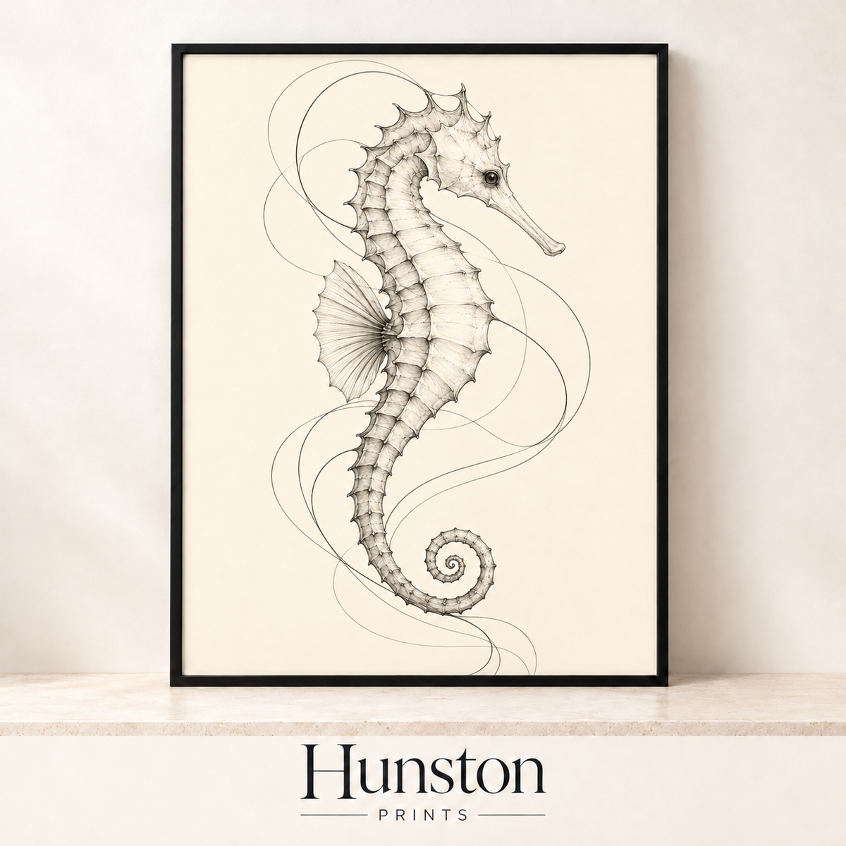 Detailed pencil drawing of a seahorse with flowing lines on cream