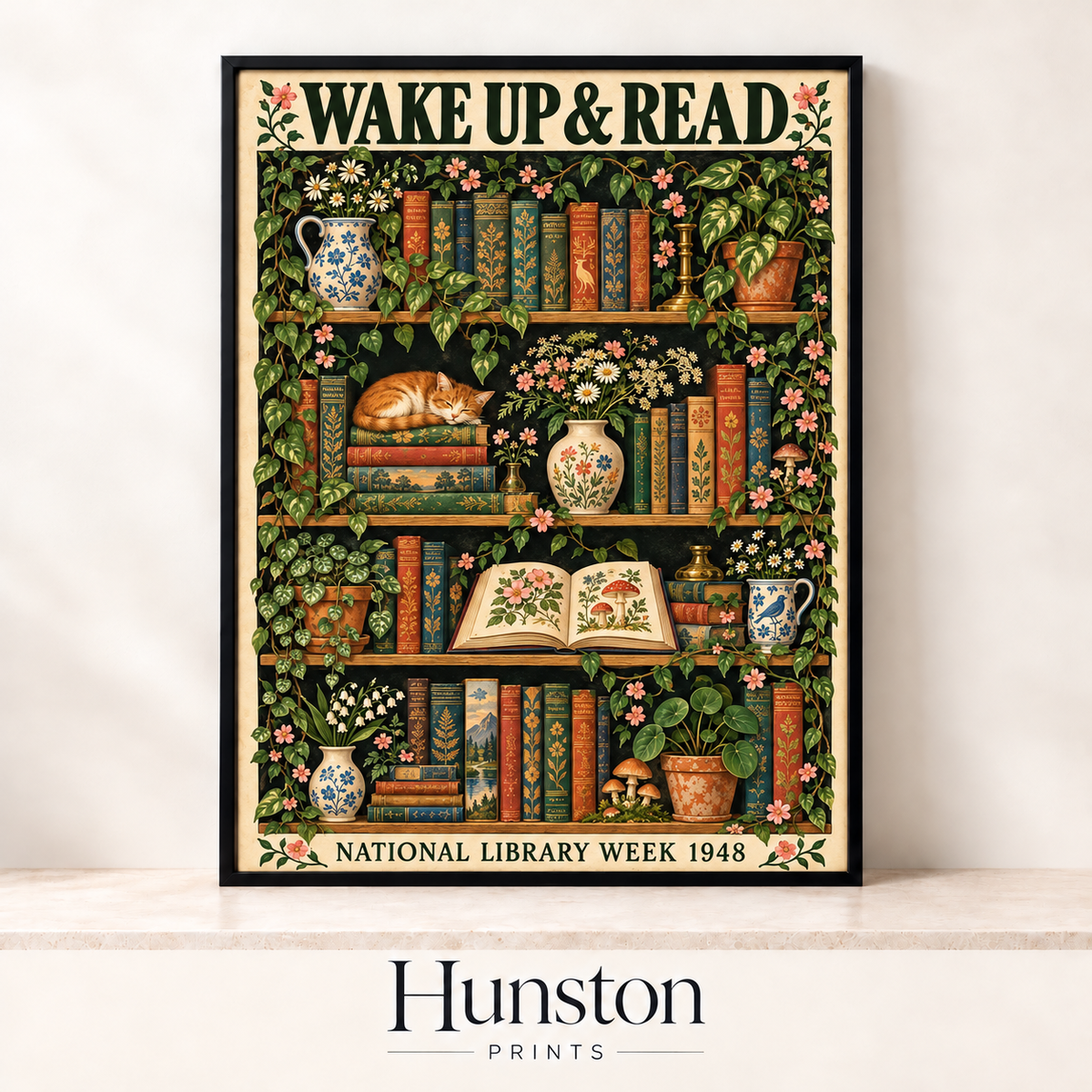 Vintage Wake Up and Read poster with bookshelves, plants, flowers and a sleeping ginger cat