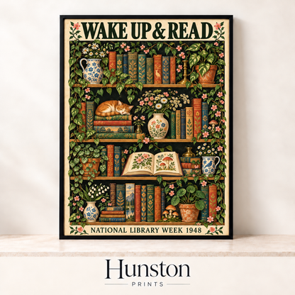 Vintage Wake Up and Read poster with bookshelves, plants, flowers and a sleeping ginger cat