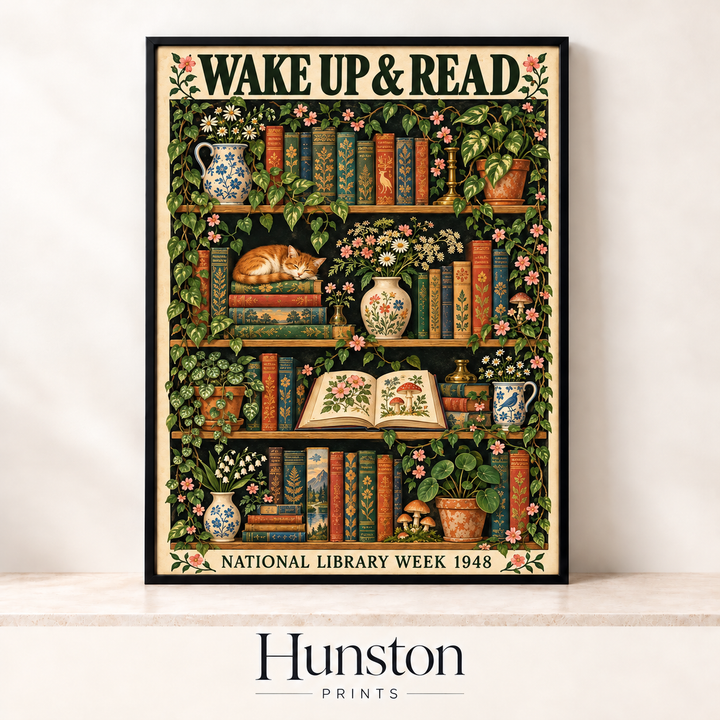 Wake Up and Read Vintage Bookshelf Poster