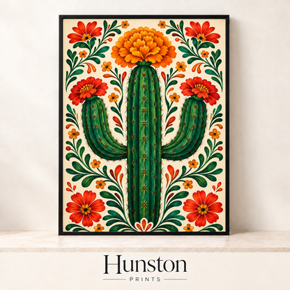 Green saguaro cactus topped with orange marigolds surrounded by red folk art flowers