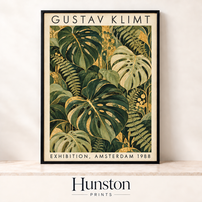 Gustav Klimt style exhibition poster with green monstera and fern leaves and gold detailing