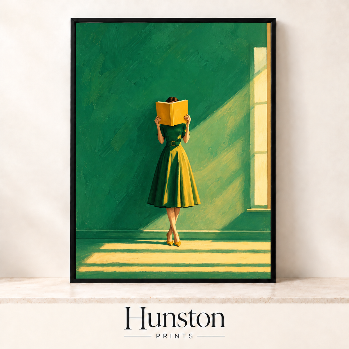 Woman in a green dress reading a yellow book in a sunlit green room