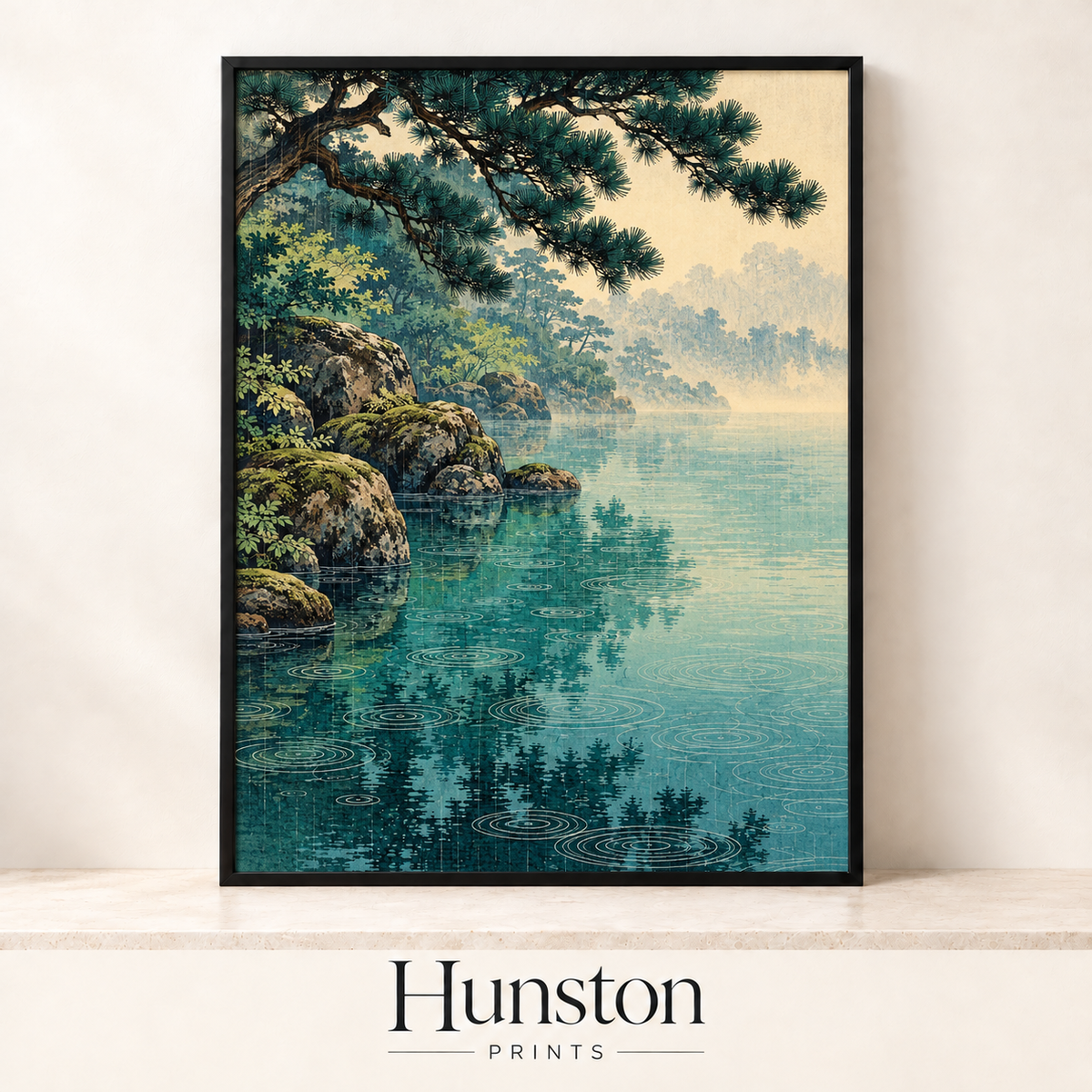 Raindrops rippling on a teal lake with pine branches and mossy rocks in mist