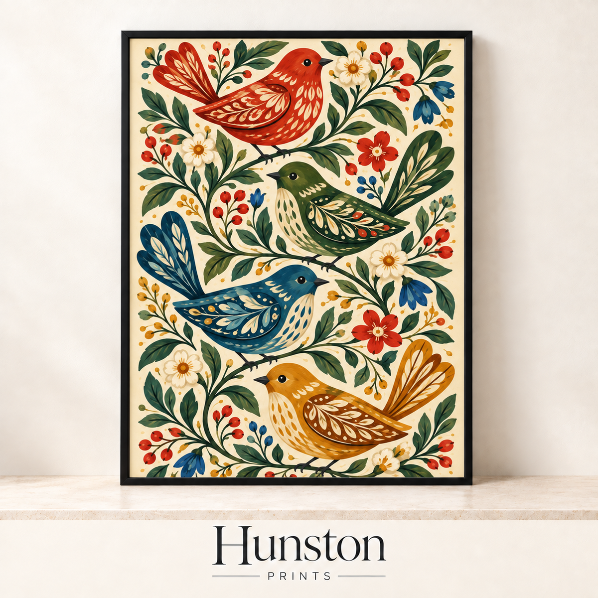 Four folk art birds in red, green, blue and mustard among leaves, berries and flowers