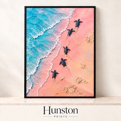 Five baby sea turtles crossing pink sand towards turquoise waves