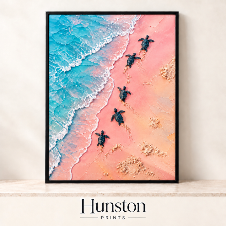 Baby Sea Turtles on a Pink Beach Print
