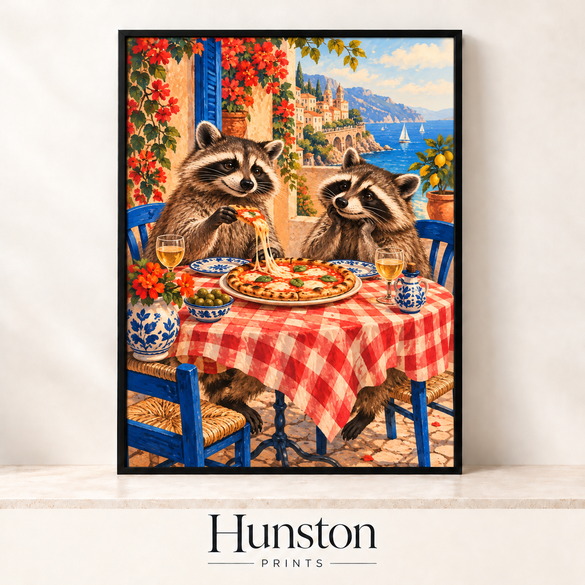 Two raccoons sharing a margherita pizza and white wine at a gingham table by the sea