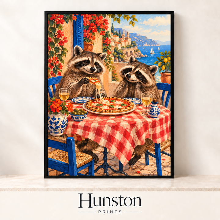 Raccoons Sharing Pizza Riviera Café Print