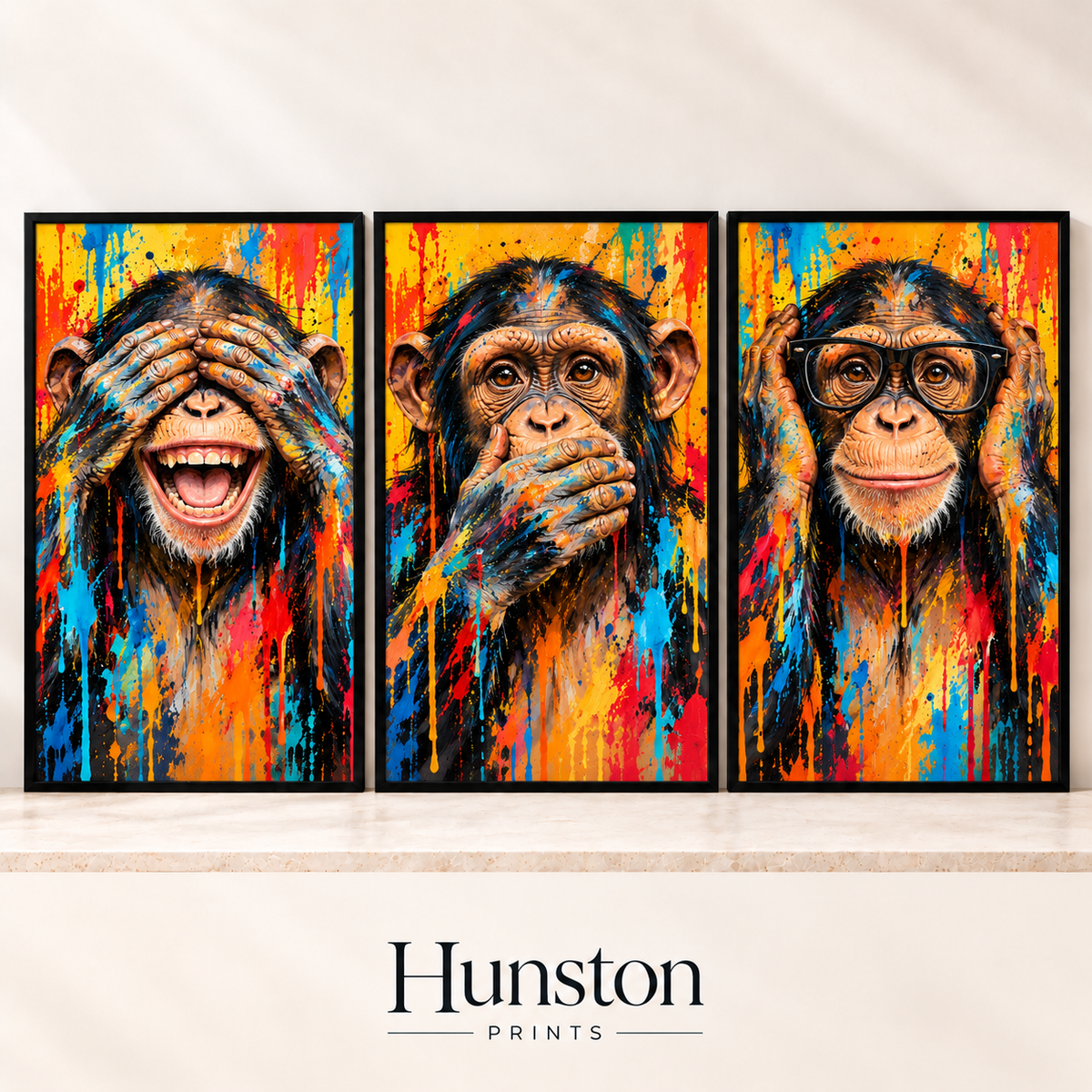 Set of three paint splash chimpanzee prints: see no evil, speak no evil, hear no evil