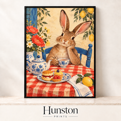 Rabbit having afternoon tea with scones, tarts and blue and white teapot