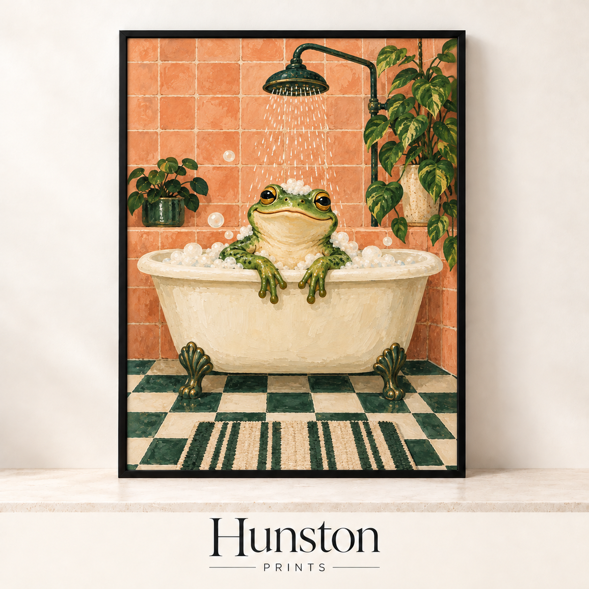 Frog in a bubbly clawfoot bath in a peach tiled bathroom with green checkerboard floor
