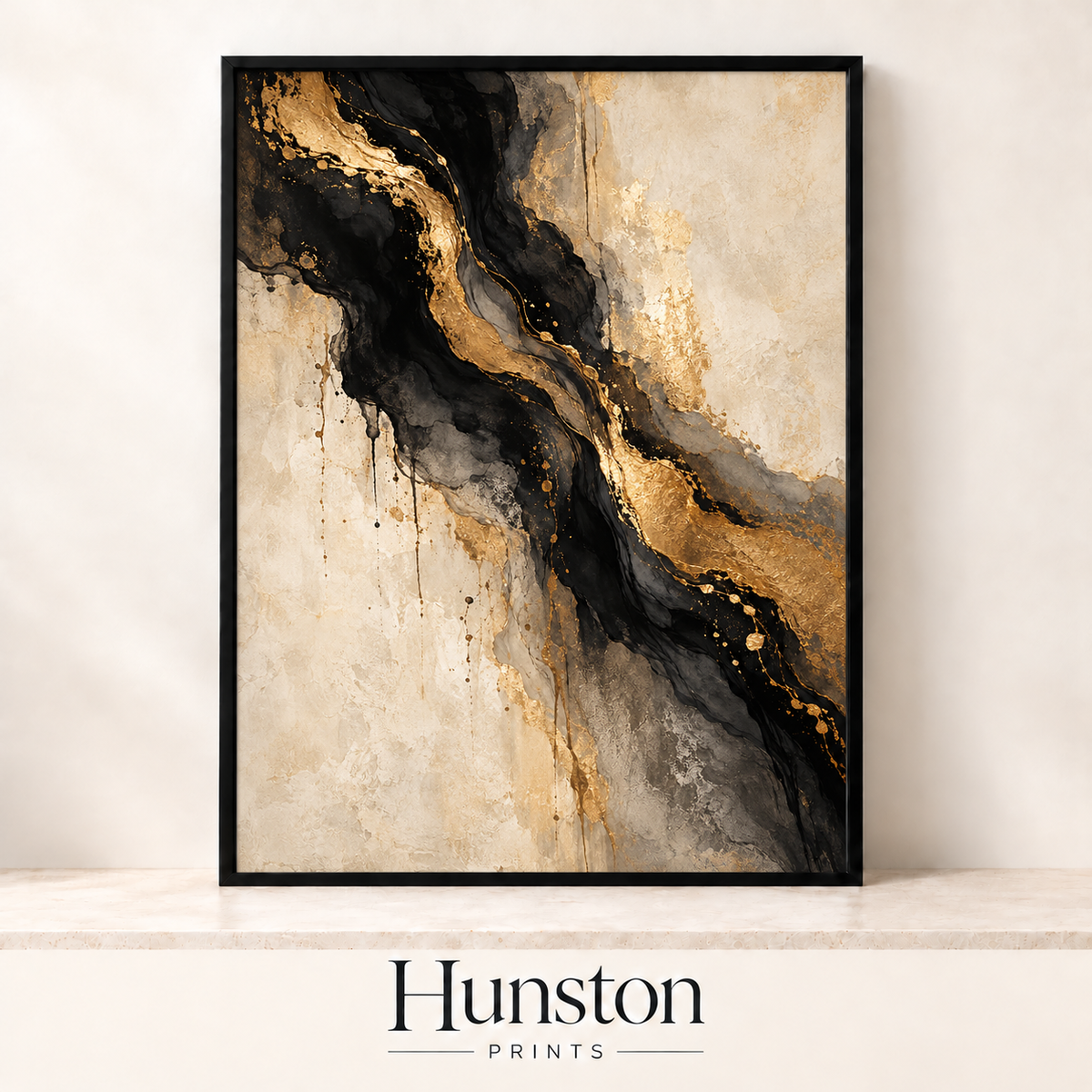 Black ink and gold leaf abstract on cream