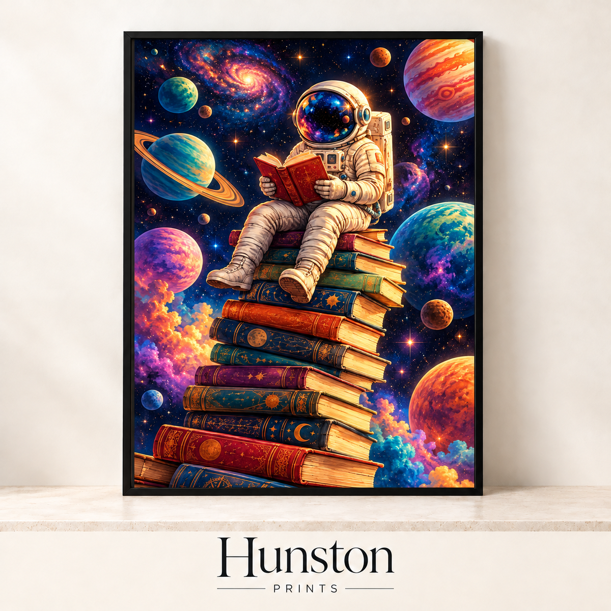 Astronaut sitting on a stack of books reading among colourful planets and galaxies