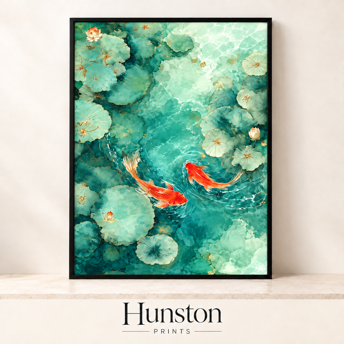 Two orange koi fish swimming among teal lily pads and lotus flowers
