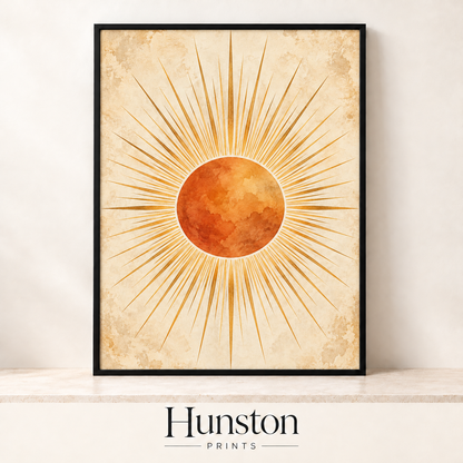 Burnt orange watercolour sun with golden rays on vintage parchment