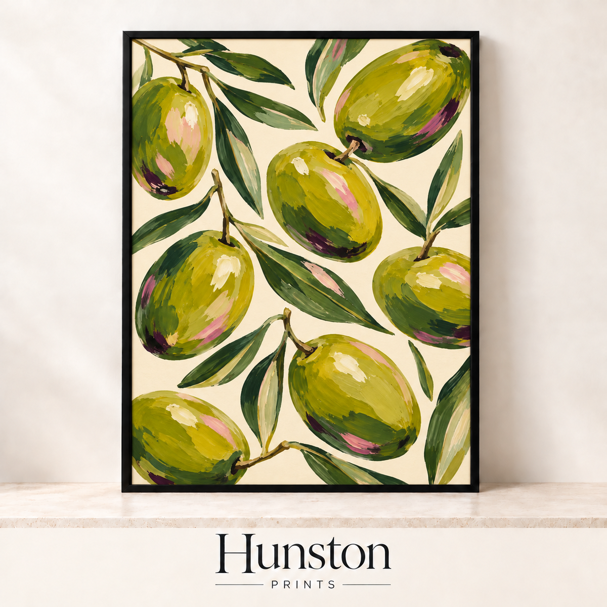 Painted green olives with blush highlights and olive leaves on cream