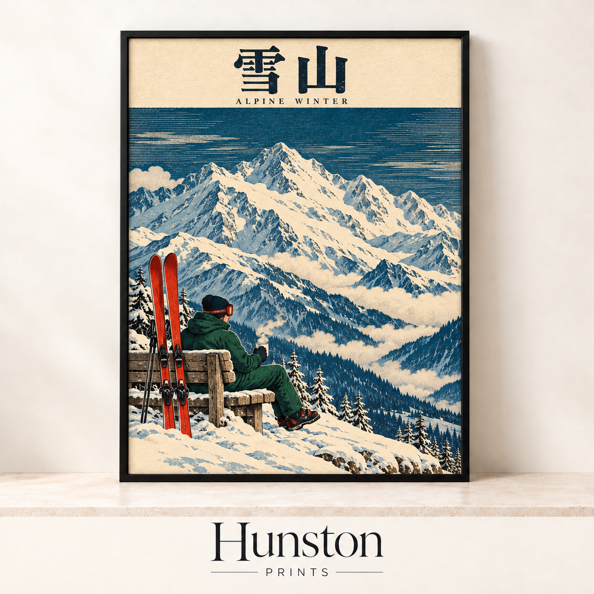 Skier on a wooden bench with red skis looking out over snowy alpine mountains