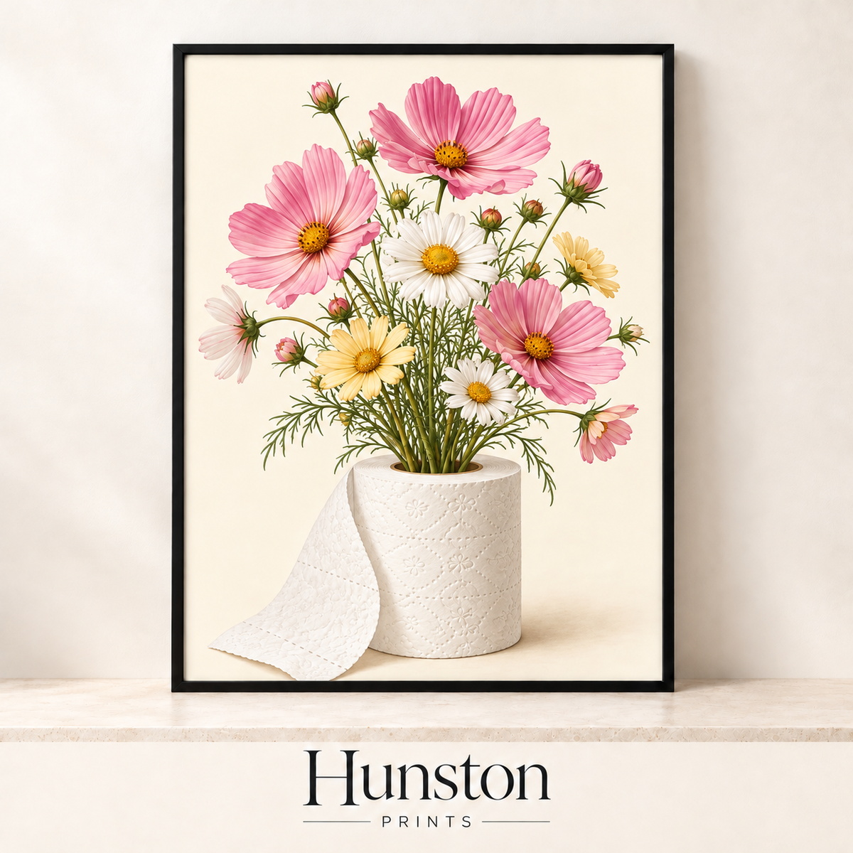 Pink cosmos and daisies arranged in a roll of toilet paper on cream
