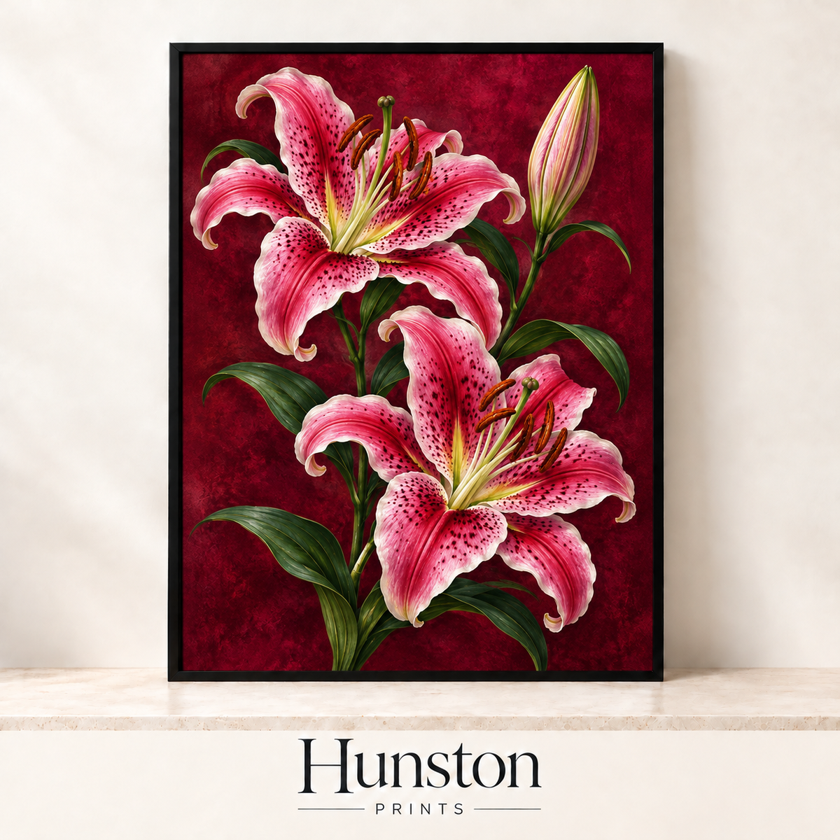 Pink speckled stargazer lilies with green leaves on a crimson background