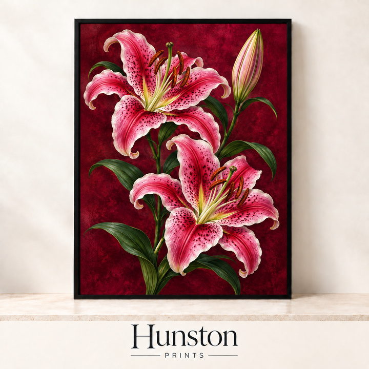 Pink Stargazer Lilies on Crimson Print