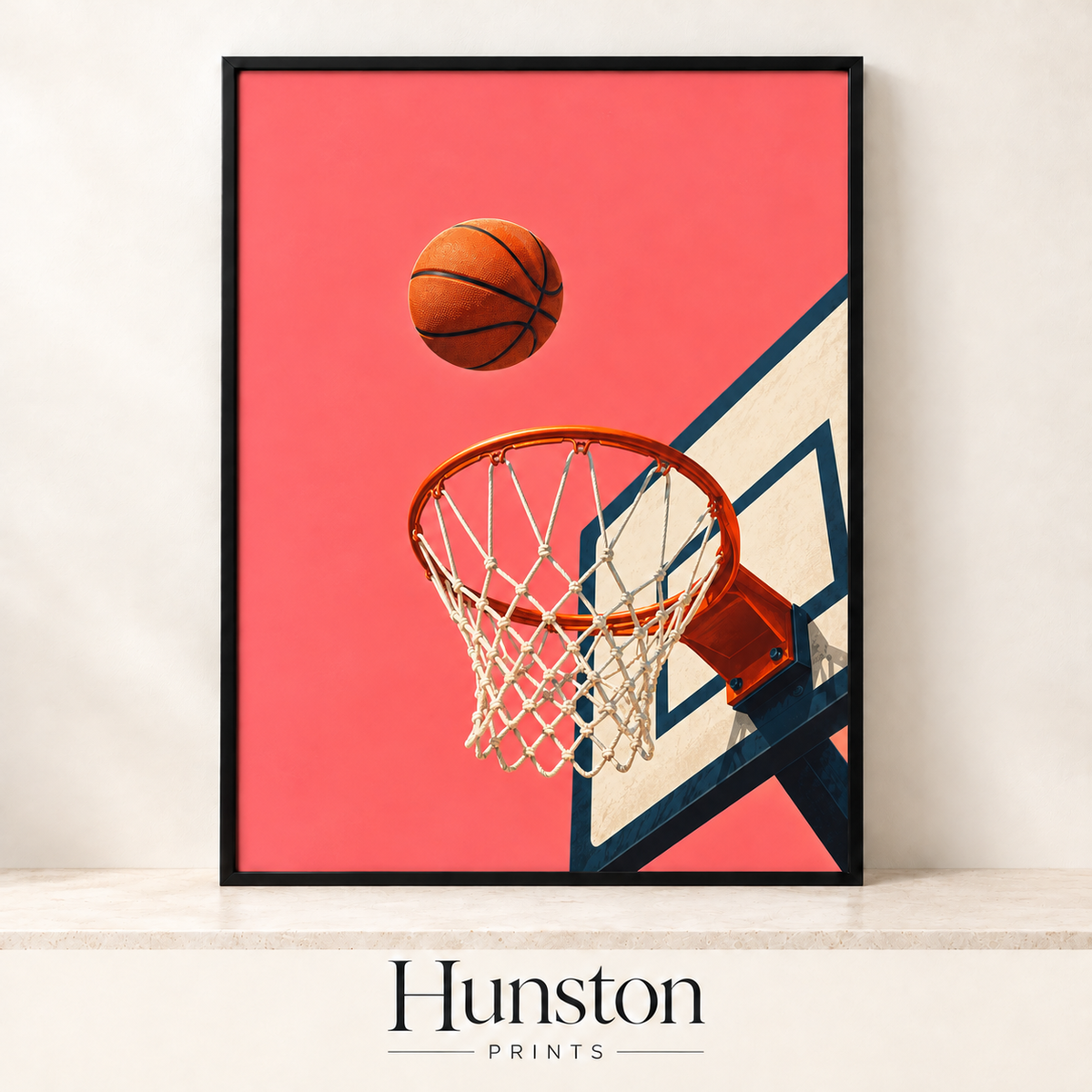 Basketball falling towards a hoop and backboard against a coral pink background