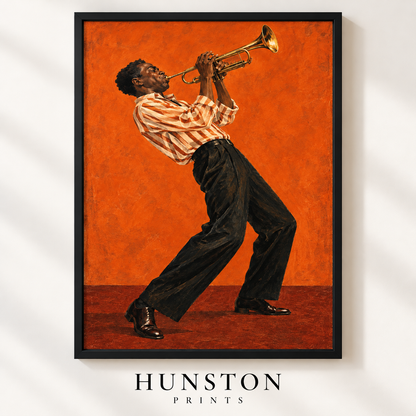 Jazz musician in striped shirt playing a golden trumpet against an orange background