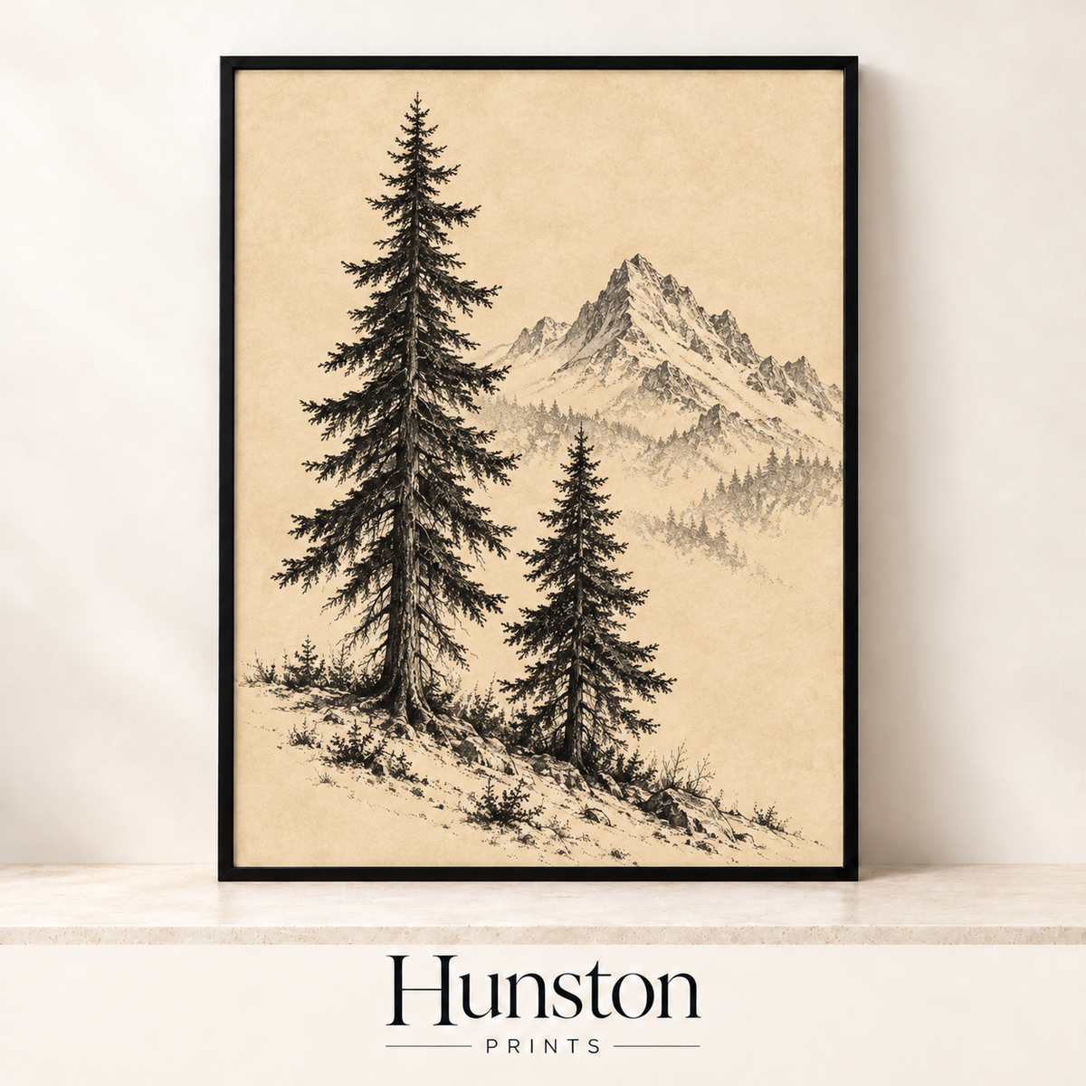 Pencil sketch of two pine trees with a mountain peak on parchment