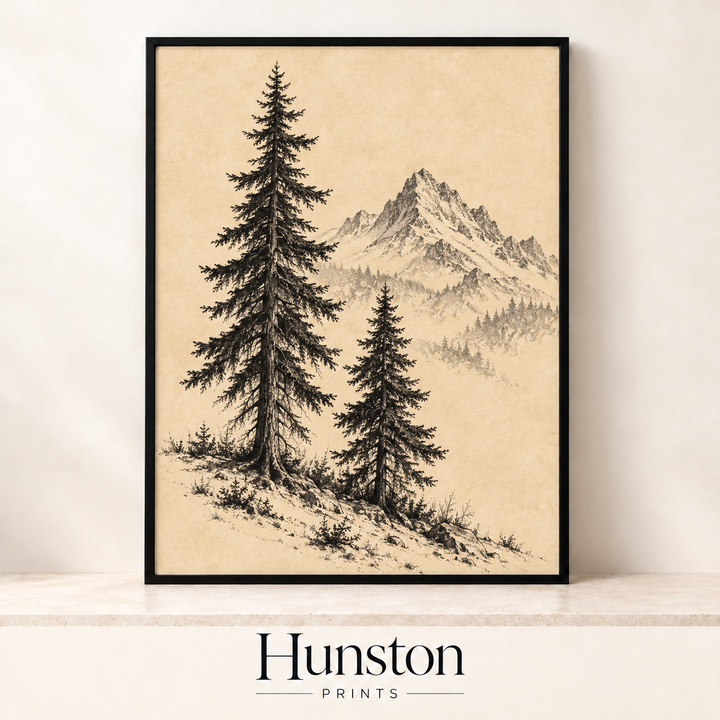 Pine Trees and Mountain Pencil Sketch Print