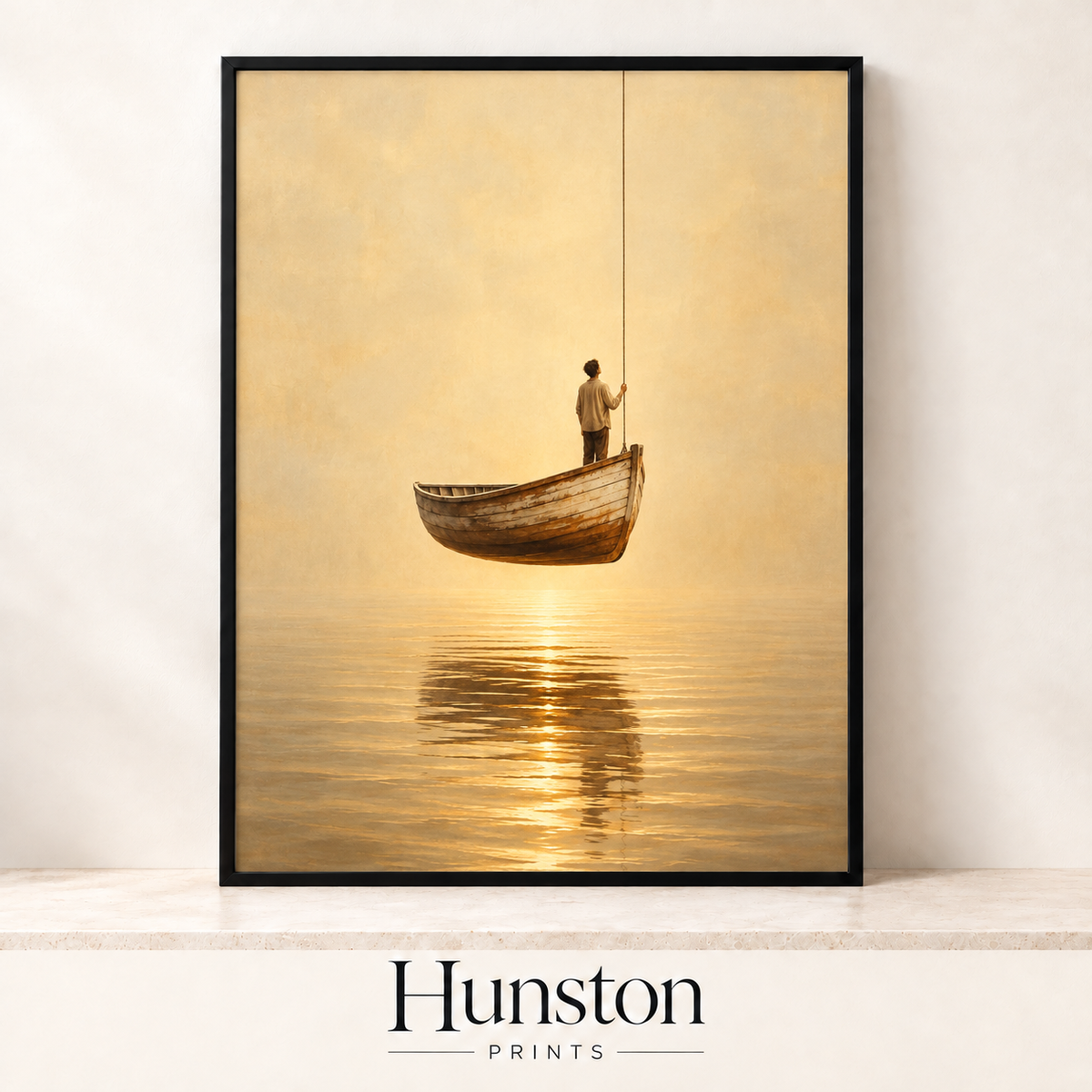 Man in a wooden rowing boat hanging from a rope above calm golden water